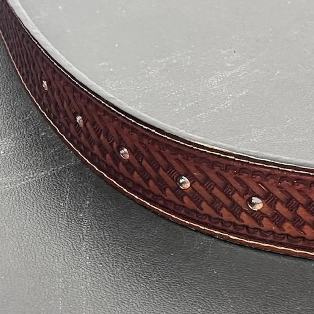 Schmidt Embossed Leather Belt with‎ Brass Gold Buckle Men's Sz 50